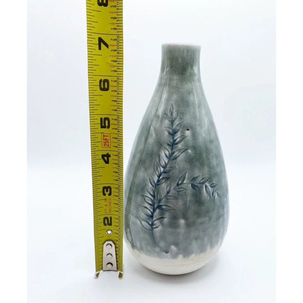 Studio Pottery Bud Weed Vase Gray Impressed Leaves Drip Glaze Artist Signed 7